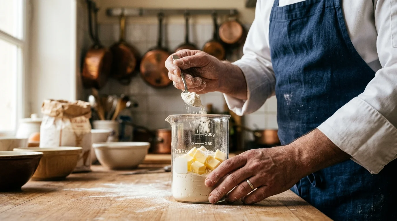 Chef pâtissier mesurant des centilitres et des grammes avec un verre doseur et du beurre doux