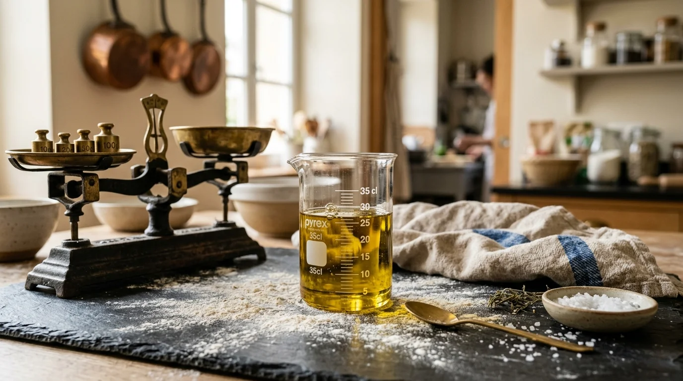 Verre doseur gradué en centilitres avec huile d'olive dorée et balance de cuisine sur plan de travail en ardoise