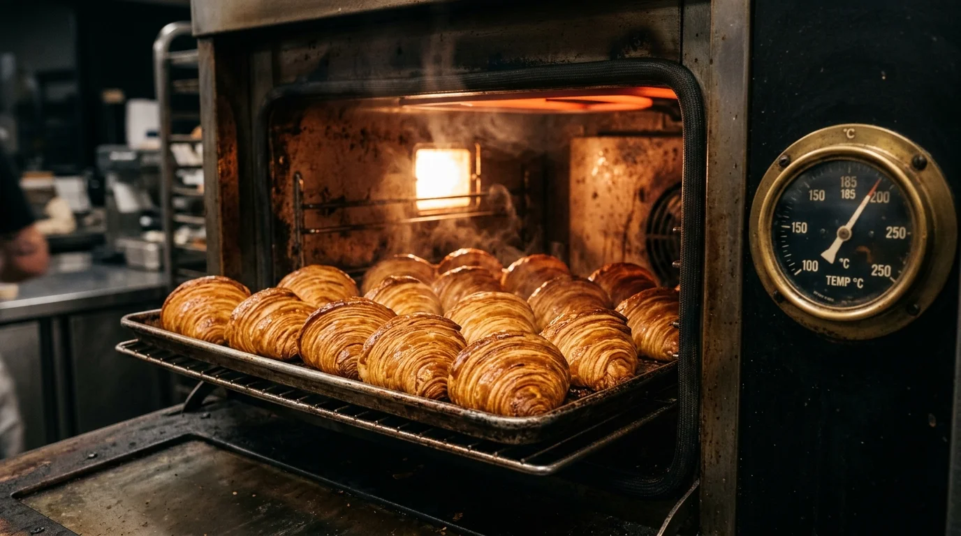 Four de boulangerie avec cadran de température et croissants dorés