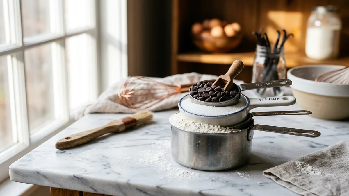 Tasses de mesure américaines en inox et céramique remplies de farine et pépites de chocolat sur marbre