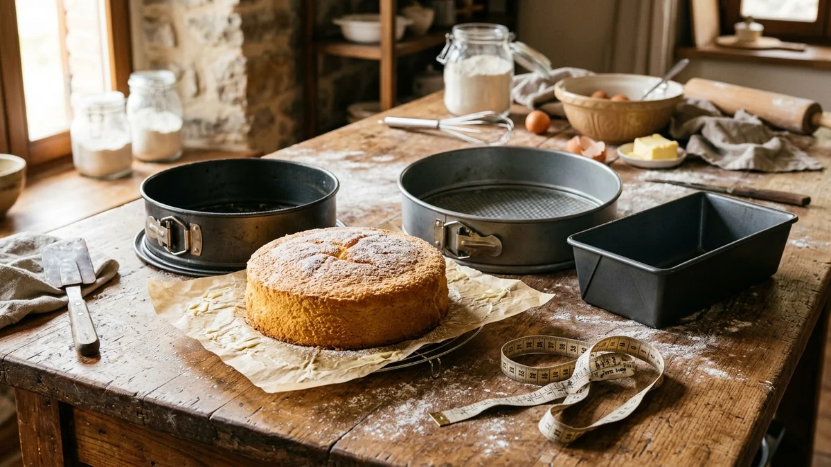 Moules à gâteaux ronds et rectangulaires en acier et silicone disposés sur un plan de travail fariné avec un mètre ruban