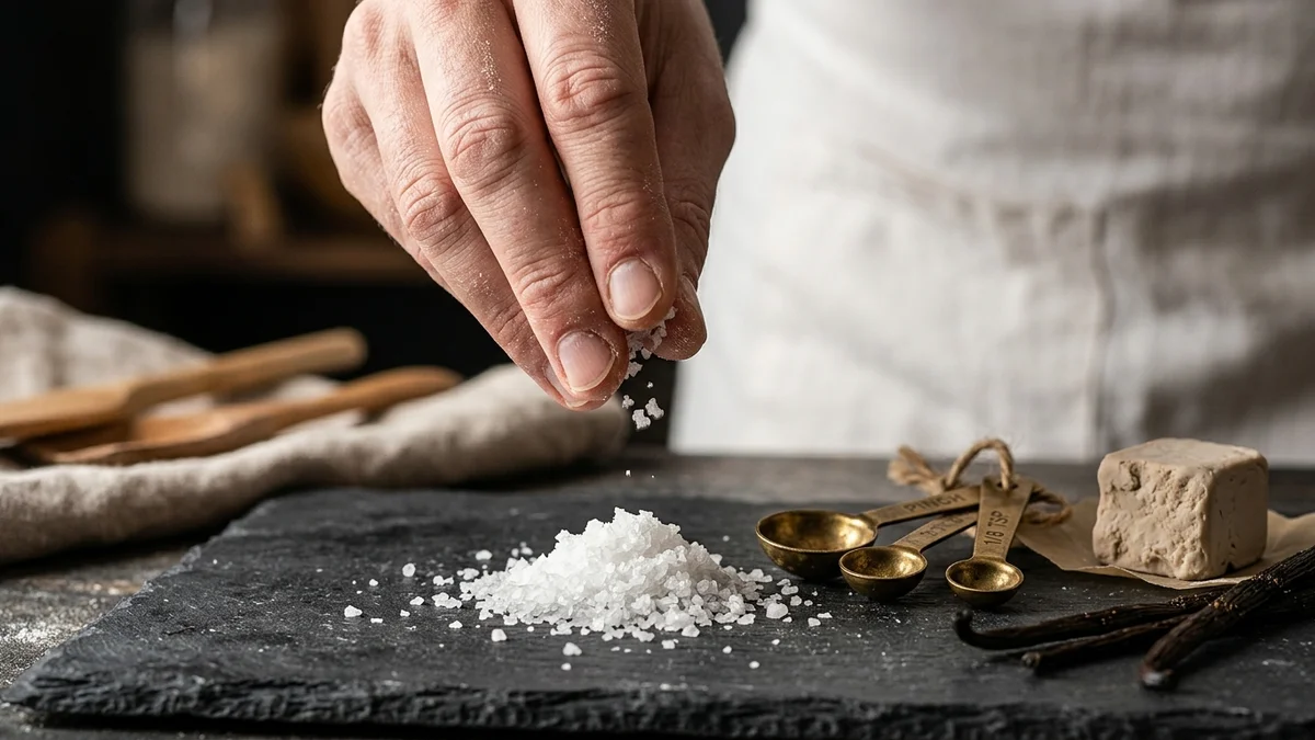 Prélèvement délicat d'une pincée de sel marin au-dessus d'une balance de précision et cuillères doseuses