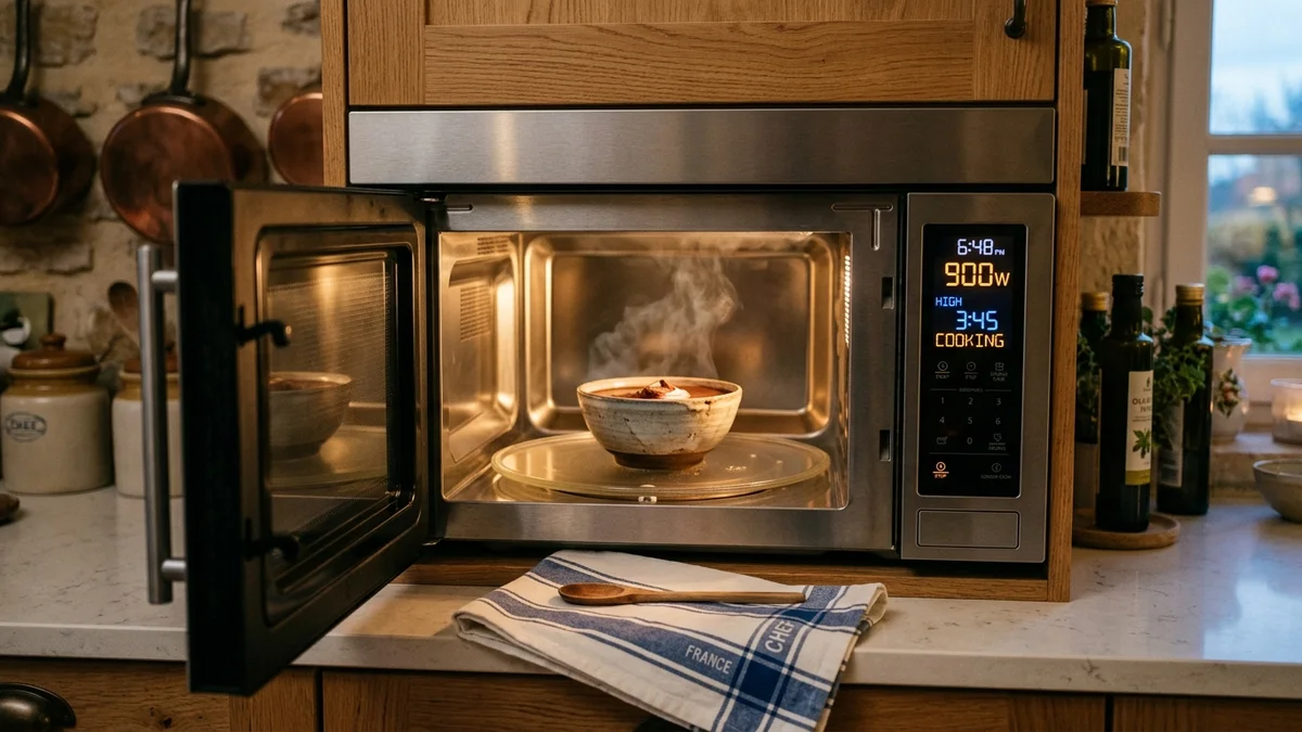 Minuteur numérique de four micro-ondes affichant la puissance en watts et un bol fumant de soupe sur plateau tournant